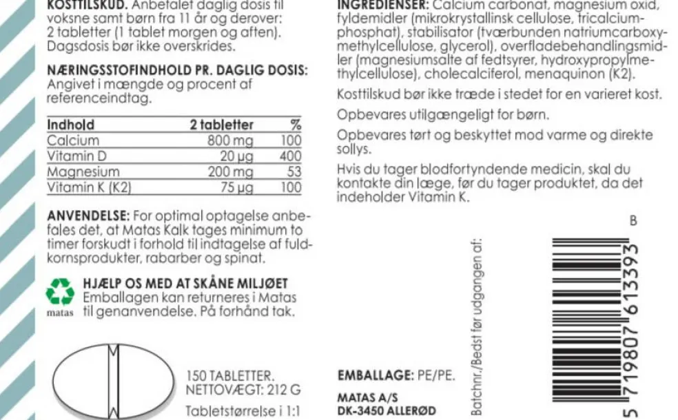 Kalk 400 mg + Magnesium 100 mg + D-vitamin 10 µg + K-vitamin 37,5 µg